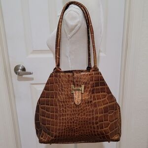 Vera Pelle Brown Croc Genuine Italian Leather Shoulder Bag